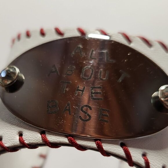 White Baseball Cuff Bracelet With "All About The Base" Metal Plate Red Stitching - Picture 2 of 5